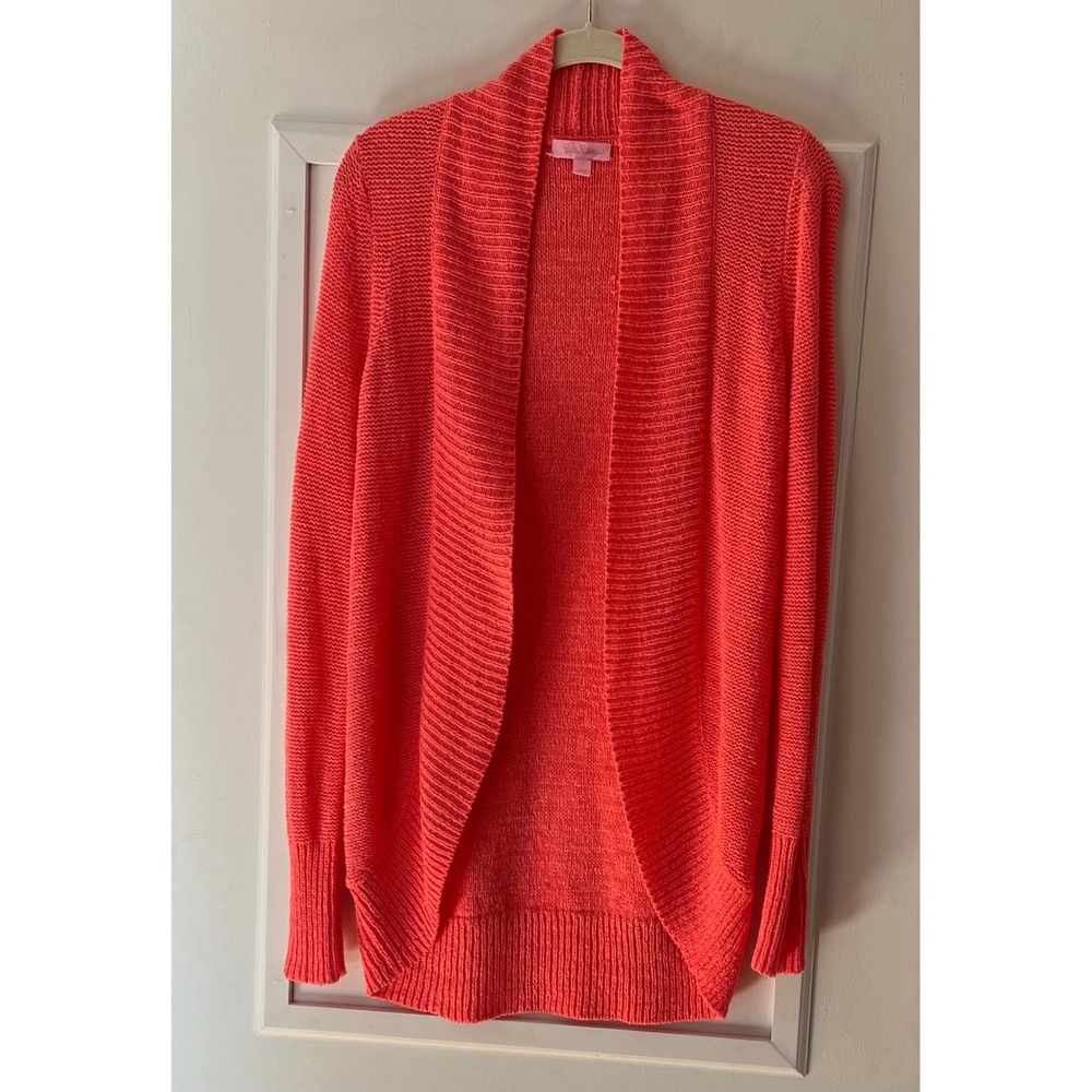 Lilly Pulitzer Women Coral Pink Open Front Shawl Collar Knit Cardigan Sweater S